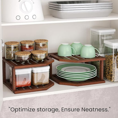 VERTORGAN Bamboo Corner Shelf,2 Tier Plate Organizer for Cabinet and Countertop,Pantry Dish and Spice Rack for Kitchen（Brown）