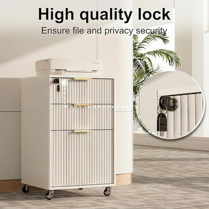 3 Drawers Fluted Mobile File Cabinet with Lock, Rolling File Cabinet Printer Stand Table, Under Desk Wooden Filing Cabinets for Home Office Essentials Storage Organization Furniture Letters/A4(White)