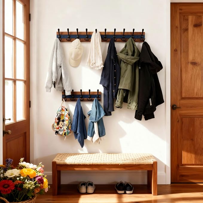 SKOLOO Rustic Coat Rack Wall Mount- 38-1/8" Long Coat Hooks for Wall with 10 Triple Hooks for Hanging Coats, Hats or Tools, Western National Parks Collection, Wood Brown & Blue, Pack of 2