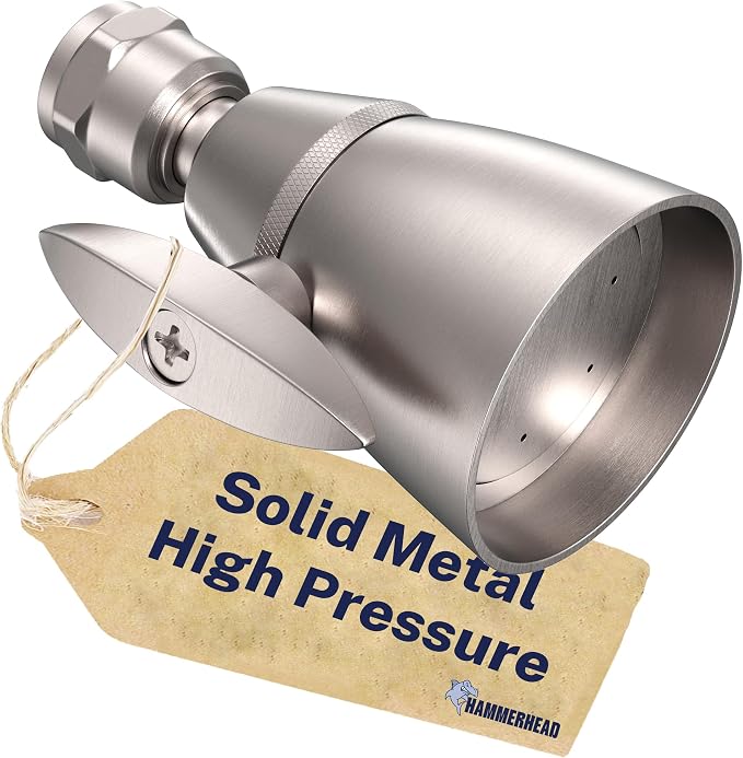 HammerHead Showers® Solid Metal 2 Inch High Pressure Shower Heads - BRUSHED NICKEL – 2.5 GPM Shower Heads High Pressure - High Flow Shower Head with ADJUSTABLE SPRAY PATTERN - Fixed Shower Head