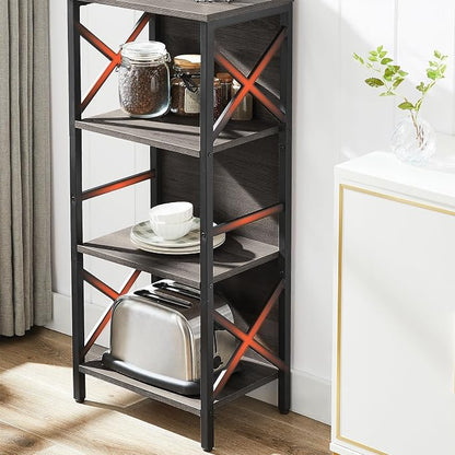 MNEETRUNG Small Bookshelf,4 Tier Industrial Bookcase with Metal Frame and Backboard,Narrow Rustic Gery Book Shelf,Book case for Small Spaces,Living Room,Bedroom and Home Office
