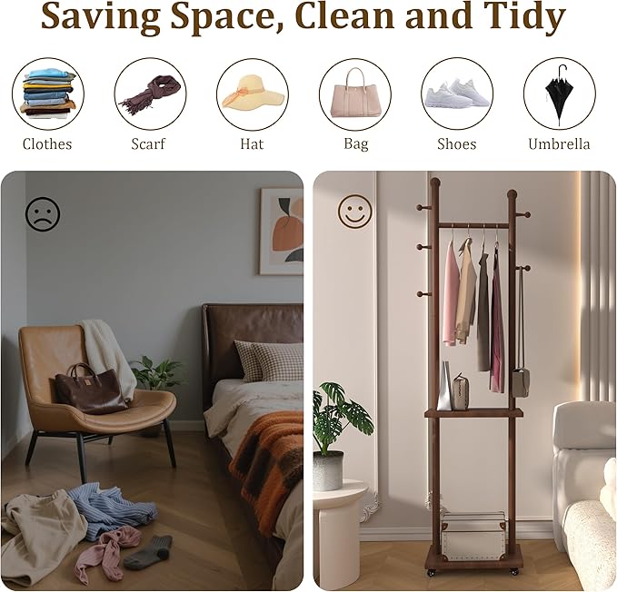 Coat Rack Freestanding Solid Wood Clothing Rack with Wheels & 2 Storage Shelves & 5 Hooks,Rotary Heavy Duty Wood Coat Tree Stand Hat Hanger Rack for Entryway Bedroom Living Room Corner(Walnut)
