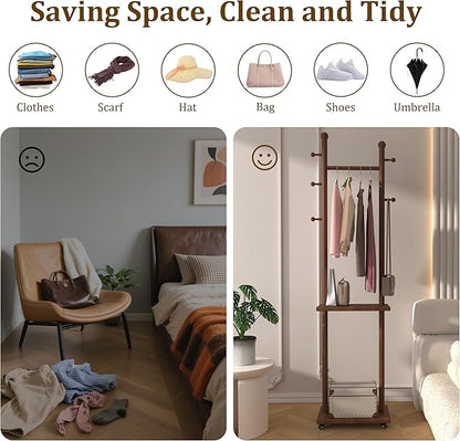 Coat Rack Freestanding Solid Wood Clothing Rack with Wheels & 2 Storage Shelves & 5 Hooks,Rotary Heavy Duty Wood Coat Tree Stand Hat Hanger Rack for Entryway Bedroom Living Room Corner(Walnut)
