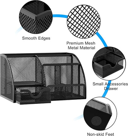 EasyPAG Mesh Desk Organizer with Drawer Multi-functional Pen Holder Stationery Organizer for Office School Supplies 6 Compartments Dorm Organizers and Storage for Desk, Black