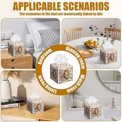 Horse Floral Tissue Box Cover 2PCS, Leather Tissue Box Holder Square Facial Paper Case Tissue Box Cube Organizer for Bathroom Bedroom Desk Office