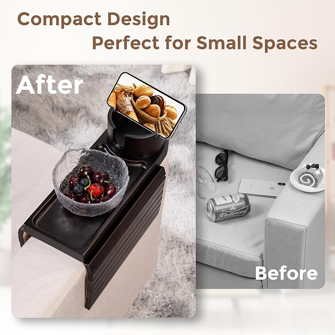 Couch Cup Holder for Armrests Over 4.9" Wide, Bamboo Couch Arm Tray with 360° Rotating Phone Stand, 3 in 1 Foldable Sofa Arm Tray Table for Remote, Snacks, Phone, Drinks Walnut