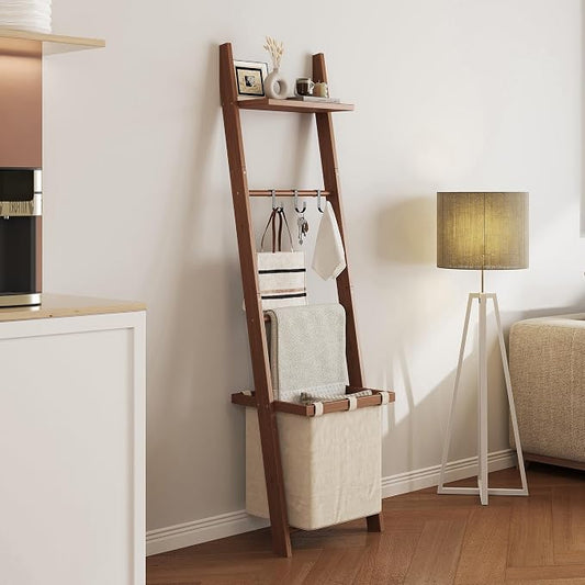 63" Bamboo Blanket Ladder with Shelf, Fabric Storage Basket and 5 Hooks, 4 Tier Leaning Blanket Rack, Farmhouse Towel Ladder Rack, Decorative Quilt Rack Holder for Living Room Bedroom Bathroom, Walnut