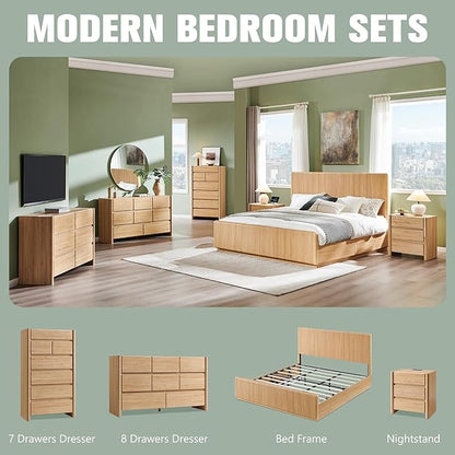 Modern 7 Drawers Dresser for Bedroom, 54.7" Tall Large Dresser & Chests of Drawers w/Rounded Corner, Wood Handleless Organizer Dresser w/Natural Texture for Bedroom, Living Room-Natural