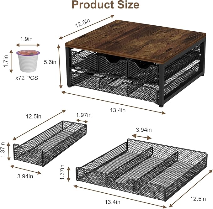 Coffee Pod Holder For Counter, 3 Pull-Out 72 K-Cup Holder Drawer, Wooden Cafe Pods Storage Organizer with Sliding Drawers for Coffee Station, Home, Kitchen, Office, Dorm (Antique Finish)