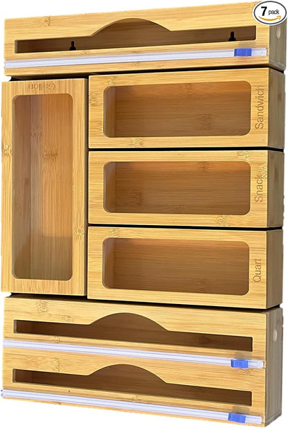 Incredinest Bamboo Drawer Organizer Bag Holder – Modular Design Zip Lock Bag Organizer Plastic Wrap Dispenser with Cutter – Baggie Organizer for Drawer with Single and Double Wrap Dispenser