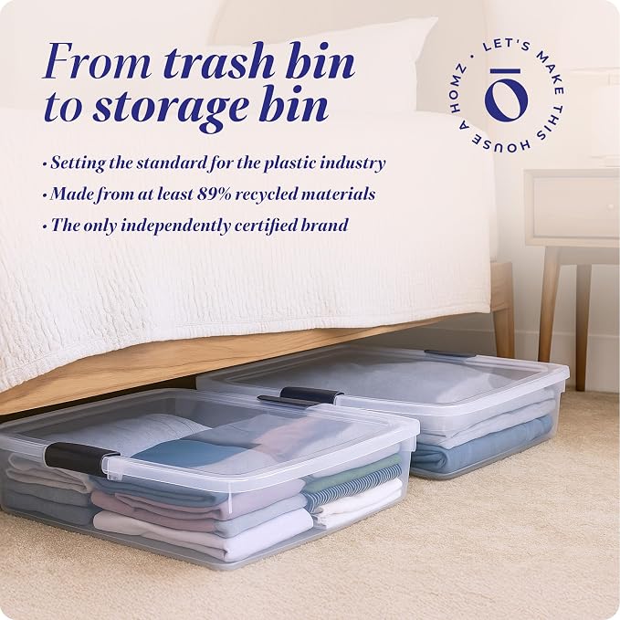 HOMZ 2-Pack Under Bed Storage, Clear Plastic Containers with Lids, 56 Quart, Gray Latch - Stackable Underbed Organizer Bins for Shoes, Bags, Clothes, and Towels