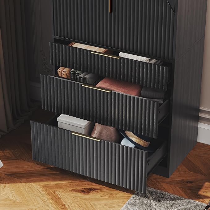 71.7" Wardrobe Armoire Wooden Closet with 2 Doors and 3 Drawers, Bedroom Armoire with Hanging Rod Shelf, Large Capacity Storage Wardrobe Armoire, Freestanding Wooden Closet Storage Cabinet Black