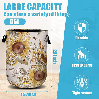 Fall Sunflowers Laundry Basket, Ladybird Honeybee Laundry Hamper Collapsible Oxford Cloth with Handle Clothes Toy Storage Bin for Bathroom Laundry Room Bedroom 15.7 X 20 Inch