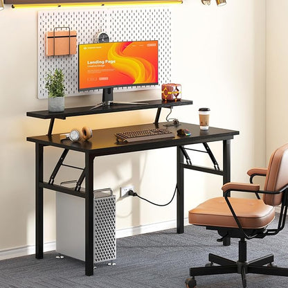 DlandHome Computer Desk 39’’ with LED Lights & Power Outlets, Folding Desk with Monitor Stand, Writing Desk Home Office Desk, Black
