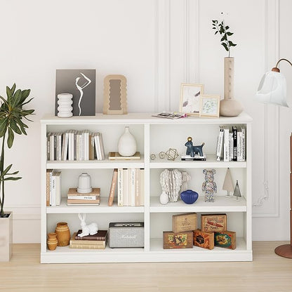 blini Low Horizontal Bookshelf White Bookcase Double Wide 64" 3-Tier Book Shelf 6 Cube Storage Organizer Wooden Bookcases for Bedroom and Home Office Decor Display