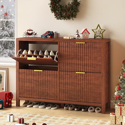 Shoe Cabinet Storage for Entryway, Fluted Walnut Shoe Cabinet with 4 Flip Drawers, Hidden Shoe Rack Freestanding Wooden Shoe Organizer with Legs for Hallway