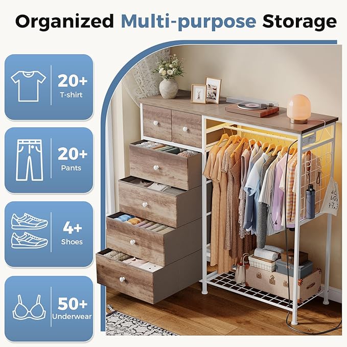 OLIXIS 6 Storage for Bedroom with Hanging Rack with LED Lights & Charging Station, Fabric Chest of Storage with Rack, Wooden Top, for Home Living Room Entryway Brown