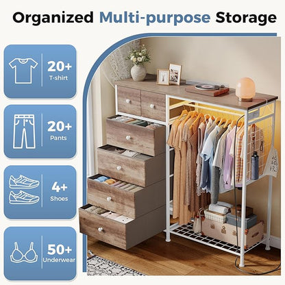 OLIXIS 6 Storage for Bedroom with Hanging Rack with LED Lights & Charging Station, Fabric Chest of Storage with Rack, Wooden Top, for Home Living Room Entryway Brown
