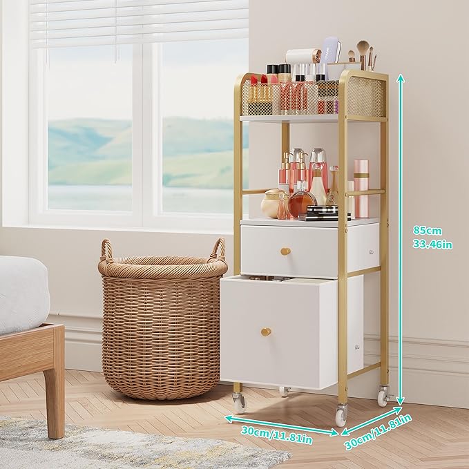 HapiRm Rolling Makeup Cart Organizer - Floor Skincare Make Up Storage with 2 Non-woven Fabric Drawers, Vanity Organizer Cosmetic Display Cases Holder for Skin Care Perfume Nail Polish Brush Hair Tool