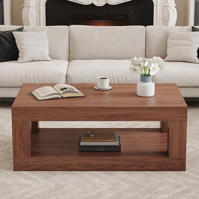 LKTART 39.37" Coffee Table with Storage, 2-Tier Mid Century Rectangular Accent Table with Thick Tabletop, Rustic Style Cocktail, Center Table for Living Room, Office, Apartment (Walnut)