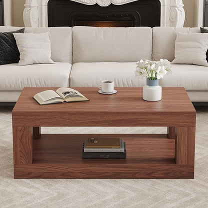 LKTART 39.37" Coffee Table with Storage, 2-Tier Mid Century Rectangular Accent Table with Thick Tabletop, Rustic Style Cocktail, Center Table for Living Room, Office, Apartment (Walnut)