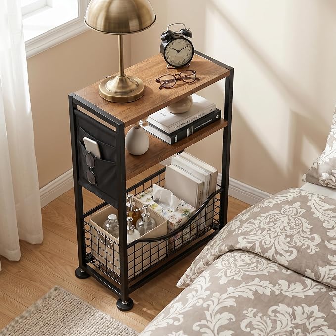 Skinny Side Table with Storage, 3 Tier Slim Side Tables for Small Spaces, Skinny End Table Narrow Bedside Table Narrow Side Table for Living Room, Bedroom