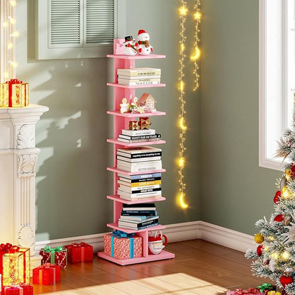 TUTOTAK Bookshelf, 8-Tier Bookcase, Narrow Spine Book Shelf for Small Space, Corner Standing Shelf for Living Room, Office, Study, Entryway, Pink BS06BP008