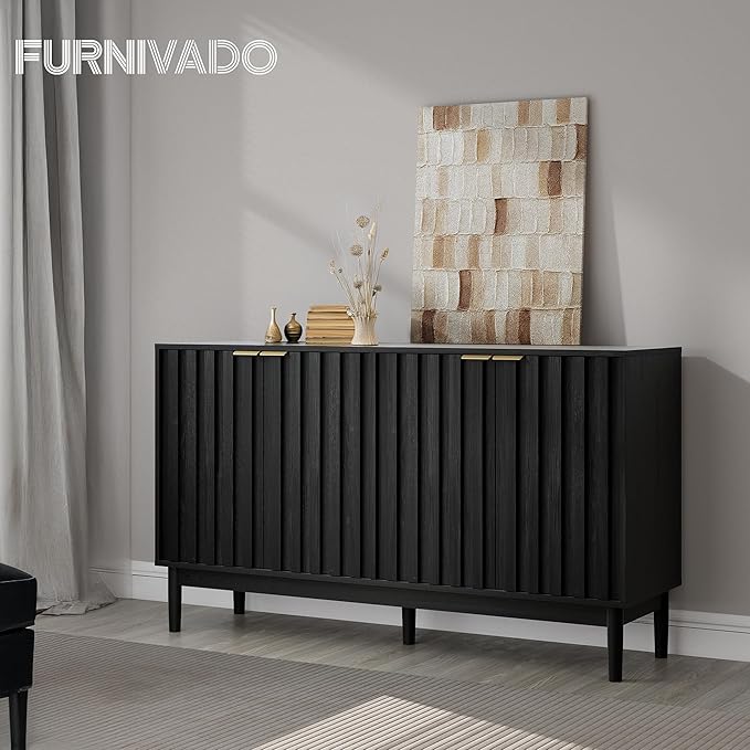 Fluted Cabinet with Storage, Buffet Cabinet Sideborad with 4 Doors, Black Buffet Storage Accent Cabinets with Adjustable Shelves for Living Room, Entry, Hallway, Kitchen