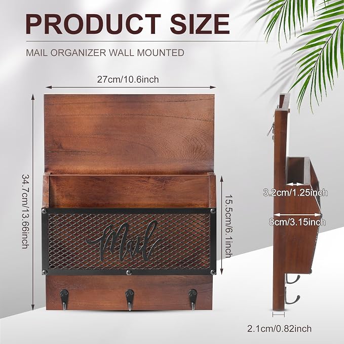 Yalikop Farmhouse Mail Organizer Wall Mounted Rustic Mail Holder Hanging Key Sorter with 3 Hooks Indoor Wooden Wall Mounted, Letter, Magazines, Newspapers, Keys (Classics,Dark Brown)