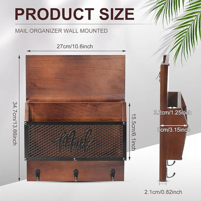 Yalikop Farmhouse Mail Organizer Wall Mounted Rustic Mail Holder Hanging Key Sorter with 3 Hooks Indoor Wooden Wall Mounted, Letter, Magazines, Newspapers, Keys (Classics,Dark Brown)
