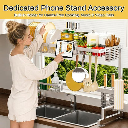 ADBIU Luxurious 304 Stainless Steel Over Sink Dish Drying Rack (Suitable for Sink Length 24.6"- 36.2") Snap-On Design 2 Tier Large Kitchen Dish Rack Stainless Steel Counter Organization and Storage