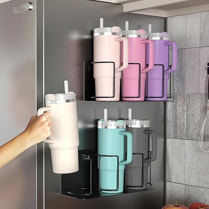 Sorbus Tumbler Cup Organizer – 3-Cup Holder for Cabinet, Fridge, or Wall – Magnetic or Screw Mount – Tumbler Storage Organizer for 20oz 30oz 40oz Cups, Tumblers, and Water Bottles (Black 2-Pack)