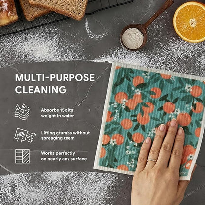 RECYCO Swedish Dishcloths for Kitchen | 6 Packs Orchard Grove Washable Dish Rags | Cellulose Reusable Cleaning Paper Towels | Absorbent Counter Dish Cloth Sponge Kitchen Wipes, 8" L x 7" W