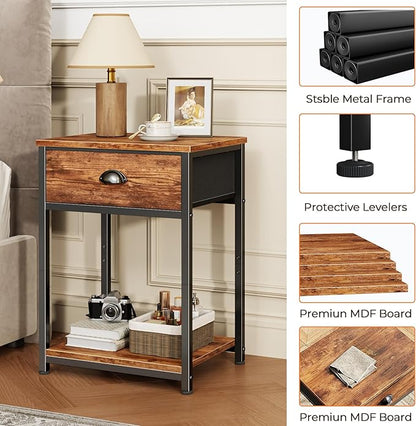Furologee End Table with Storage Shelf and Fabric Drawer, 2 Tiers Industrial Nightstand, Bedside Table Organizer for Living Room Bedroom, Rustic Brown, Easy Assembly