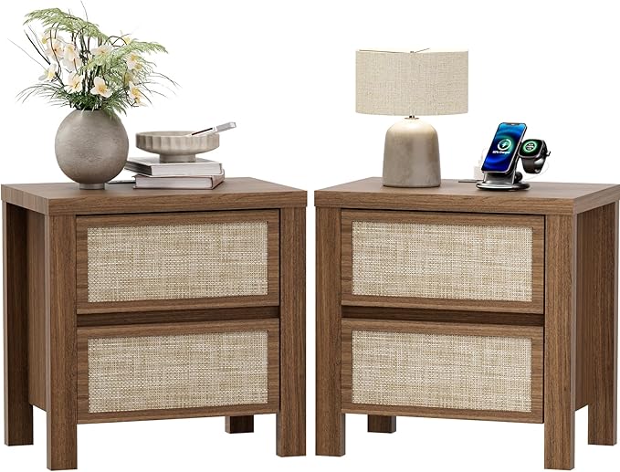 XIAO WEI Set of 2 Rattan Nightstand with Charging Station, Boho Bedside Table with 2 Drawers, Farmhouse End Table for Bedroom, Wood Accent Bed Side Table with Storage, Reclaimed Caramel Oak