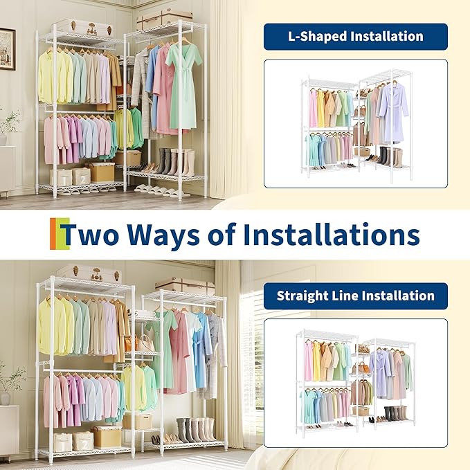 1630 LBS Heavy Duty Clothes Rack with Adjustable Shelves, 5 Tiers L-Shaped Freestanding Closet Organizer and Storage for Hanging Clothes, 85.4" W x 17.4" D x 70.5" H