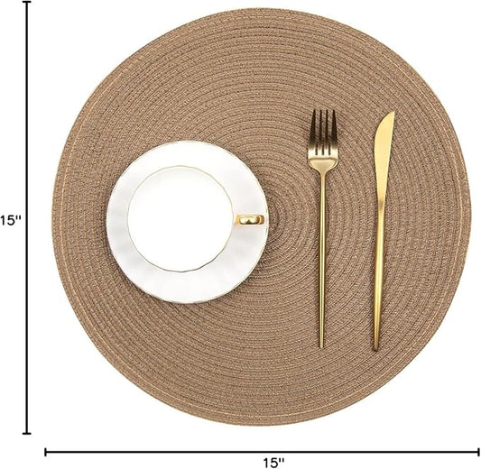SHACOS Round Braided Placemats Set of 6 Washable Cotton Polyester 15 inch Round Table Place Mat for Dining Table (Brown, 6)
