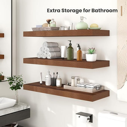 Heimlove 12" Deep Floating Shelves, 36 x 12 Inch Wall Mounted Long Floating Shelf with Invisible Brackets, for Home Decor, Bedroom, Kitchen, Living Room, Bathroom - 2 Pack, Walnut