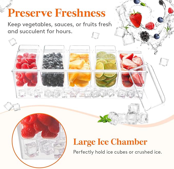 Lifewit Ice Chilled Condiment Caddy with 5x 20 oz Containers, Condiment Server with Lid & Metal Accessories, Serving Tray Platter with Removable Dishes for Bar, Fruit, Salad, Taco, Party Garnish