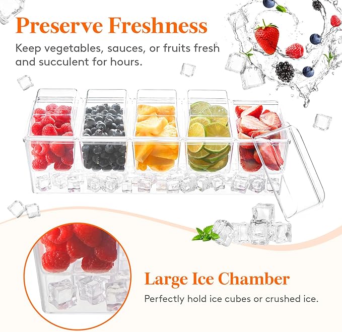 Lifewit Ice Chilled Condiment Caddy with 5x 20 oz Containers, Condiment Server with Separate Lid, Serving Tray Platter with Removable Dishes for Bar, Fruit, Salad, Taco, Party Garnish