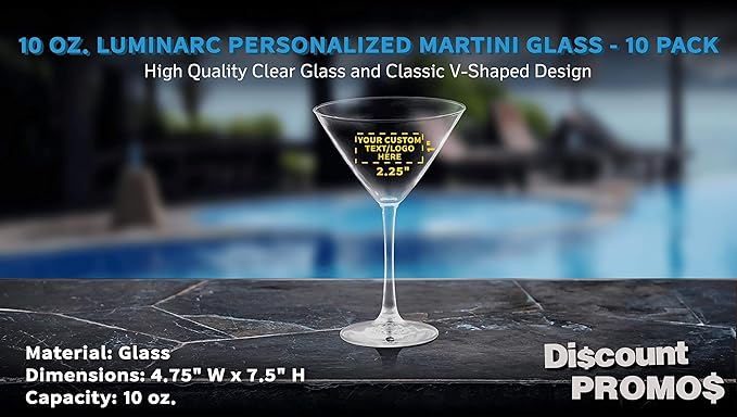 Custom Martini Glasses by ARC 10 oz. Set of 10, Personalized Bulk Pack - Perfect for Hotel, Bar, Restaurant or Lounge - Clear