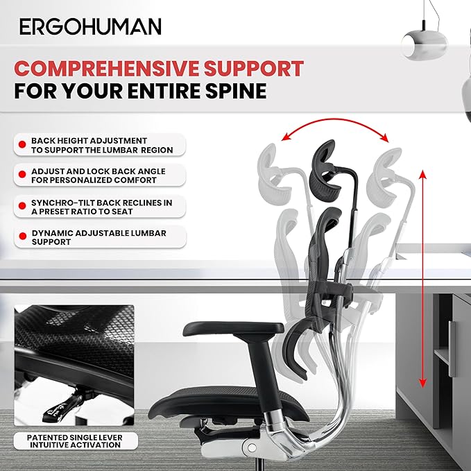 Ergohuman Eurotech ME7ERG GEN2 High Back Mesh Office Chair with Tilt Tension Control, Tilt Lock, Back Angle, Back Height, Synchro Tilt, Seat Height, Seat Depth, and Arm Height Adjustments, Black