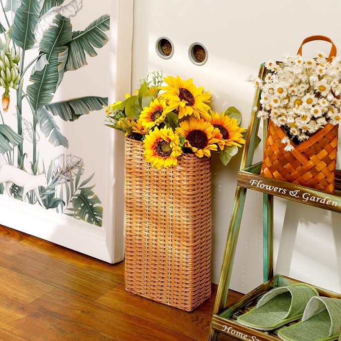 Weysat Woven Umbrella Stand for Entryway Handmade Umbrella Holder Freestanding Cane Stand Natural Color Decorative Umbrella Rack Tall Basket for Laundry Bathroom (Rectangular Style)
