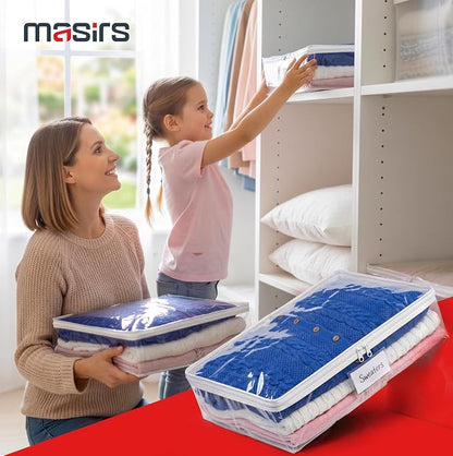 Masirs Clear Sweater Storage Bags 2-Pack – Zippered Vinyl Organizers with Label Pocket, Durable Dustproof Clothing Storage for Sweaters, Blankets, Linens, Underbed & Closet Use