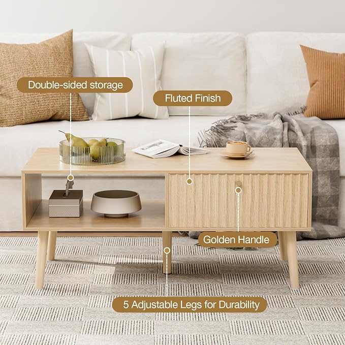 LCRBOL Coffee Table with Storage, Boho Dining Table with Fluted Drawer and Solid Wood Legs, Small Coffee Tables for Living Room, Oak