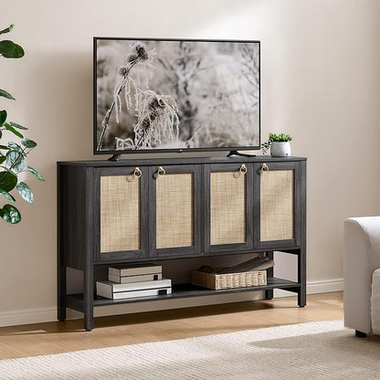 SICOTAS Rattan Sideboard Buffet Cabinet with Open Storage - Large Storage Cabinet with 4-Doors and Adjustable Shelves, Boho Credenza Coffee Bar Cabinets Buffet Table Console Table (2, Obsidian)