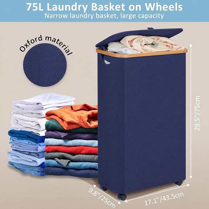 efluky Slim Laundry Hamper with Wheels, Narrow Laundry Basket with Lid and Removable Bag, Aesthetic Dirty Clothes Hamper on Wheels for Laundry Room, Bedroom, Dorm and Bathroom, 75L Beige