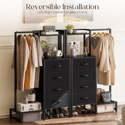 Yoobure Black Dresser with Hanging Rack - Small Closet with 4 Fabric Storage Drawers, 44" H Dresser with Clothes Rack, Chest of Drawer, Kids Dressers for Bedroom, Entryway, Living Room, Sturdy Frame