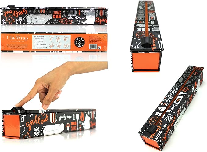 ChicWrap BBQ Grill Refillable Foil Dispenser - One 12"x 30' Roll of Professional Grade Aluminum Foil - Reusable Dispenser w/Slide Cutter - Kosher Certified - Reduces Waste & Saves Money