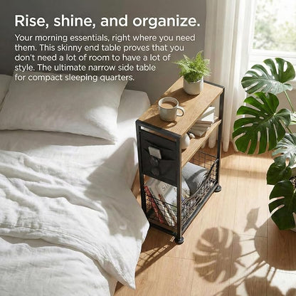 Skinny Side Table with Storage, 3 Tier Slim Side Tables for Small Spaces, Skinny End Table Narrow Bedside Table Narrow Side Table for Living Room, Bedroom